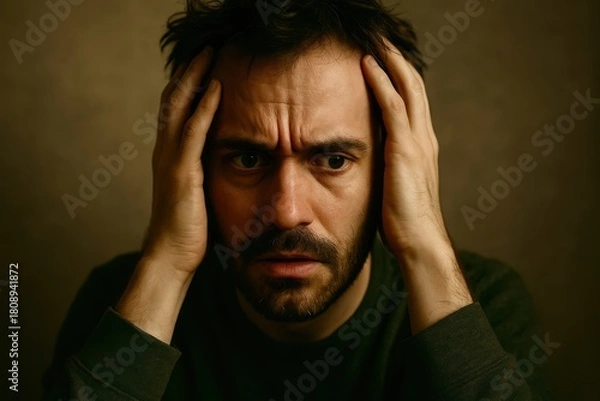 Fototapeta A man with a beard and a bald spot on his head