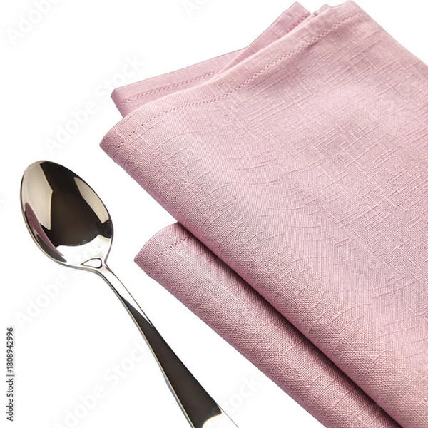 Fototapeta A Shiny Metal Spoon Rests Beside a Folded Textured Pink Cloth Napkin on a Transparent Background Showing Fabric Detail