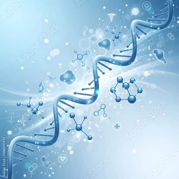 Fototapeta Blue Medical Science Background with DNA Helix and Molecular Structure – Biotechnology & Healthcare Template