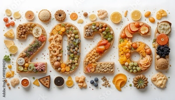 Obraz “Assorted 2026 Futuristic Food Items on White”. 2026 food