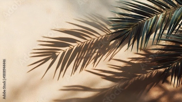 Obraz Minimal tropical flat lay with sharp palm tree shadows cast over sunlit sand, summer vacation beach concept --ar 16:9