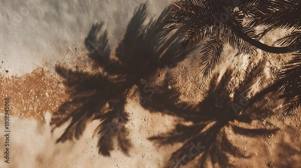 Fototapeta Minimal tropical flat lay with sharp palm tree shadows cast over sunlit sand, summer vacation beach concept --ar 16:9