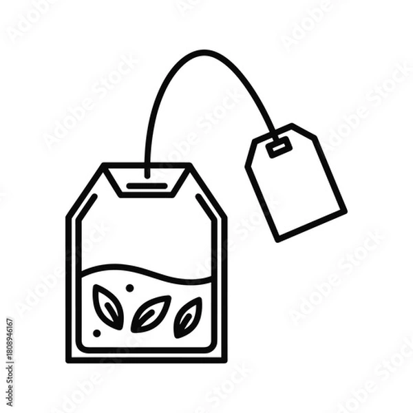 Fototapeta Minimalist black and white line art illustration of a tea bag with string and tag, ready for brewing