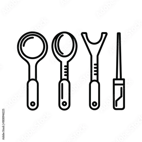 Fototapeta Line art illustration of various kitchen utensils including a spoon, a fork, and a skewer