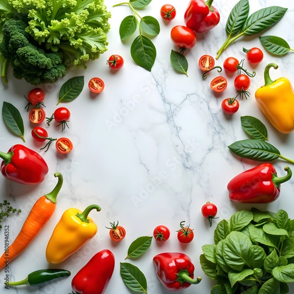 Fototapeta A bright food-photography style image with fresh vegetables. A wide variety of vegetables surrounds a white marble background.