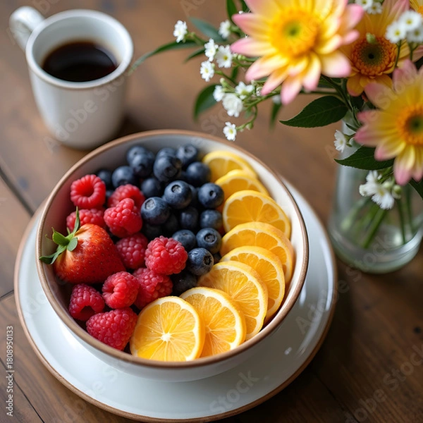 Fototapeta A bowl with fresh fruit, including oranges, blueberries, and raspberries, next to a cup of coffee and a small vase of flowers. 