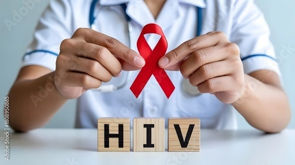 Fototapeta HIV Awareness Red Ribbon with Doctor Hands and Wooden Letter Blocks