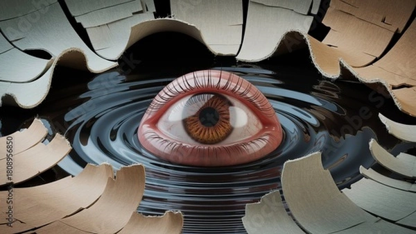 Obraz Surreal Gaze: A captivating and slightly unsettling image of a detailed eye emerging from a fragmented surface of cracked and a serene liquid, The image has a surreal and abstract aesthetic.