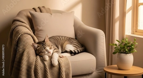 Fototapeta Adorable tabby cat sleeping soundly on a cozy beige armchair covered with a warm knitted blanket, illuminated by soft window light.
