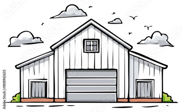 Obraz Illustration of a white barn with a large garage door under a cloudy sky