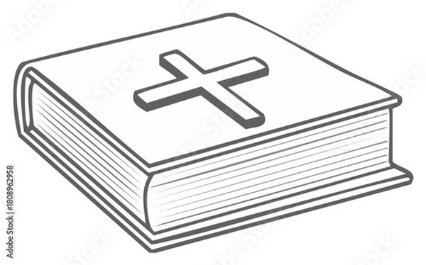 Obraz Outline drawing of a holy book featuring a prominent Christian cross symbol on its cover