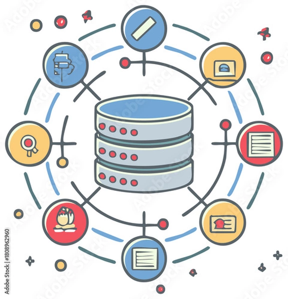 Obraz Data management concept with a centralized database hub and connected icons illustration