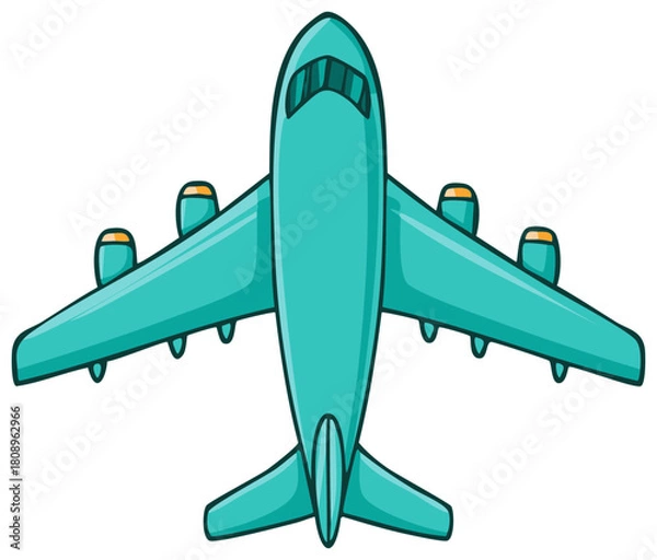 Obraz Cartoon overhead view of a teal passenger airplane, isolated.