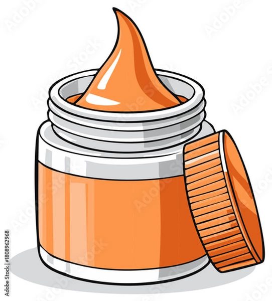 Obraz Jar with orange cream or ointment with lid slightly ajar, smooth texture, graphic illustration