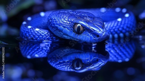 Obraz A mesmerizing blue snake elegantly swims across serene waters, creating a captivating reflection under twilight's charm