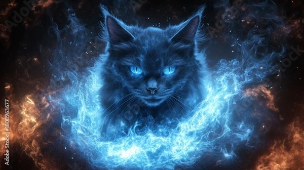 Fototapeta A black cat appears from blue flames, radiating an otherworldly aura with its piercing eyes in the dark cosmos