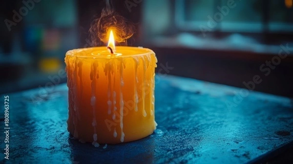 Obraz The flickering flame of a yellow candle casts soft shadows, evoking tranquility and warm ambiance in a serene setting
