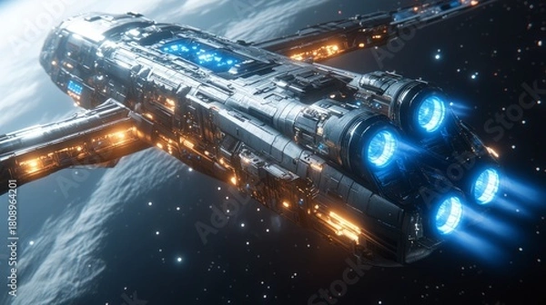 Fototapeta A stunning spaceship with blue engines glides through the vastness of space, showcasing advanced technology