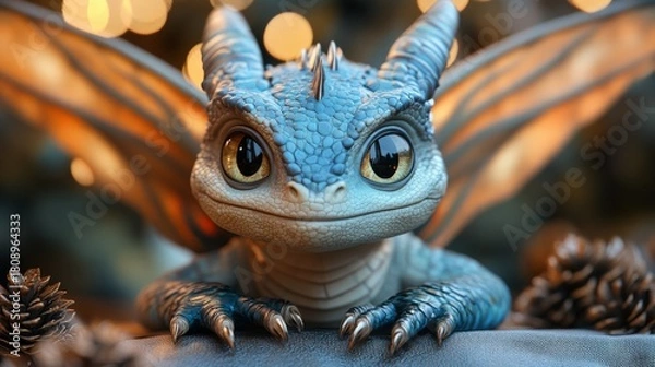 Fototapeta A charming blue dragon enchants with its striking eyes and delicate textures in a dreamy setting