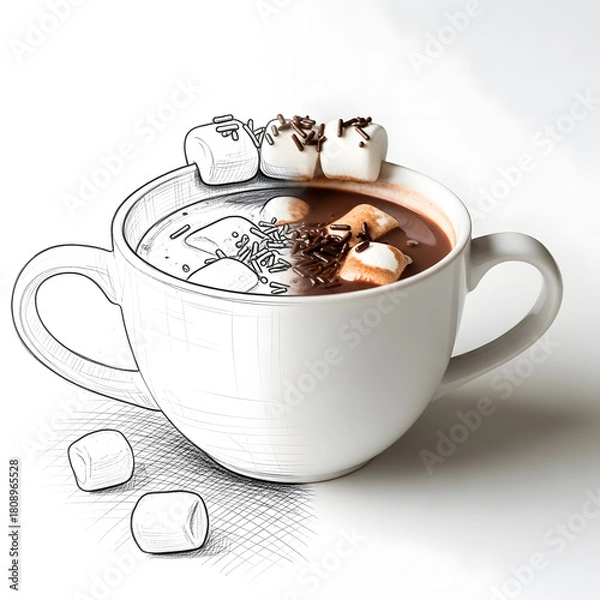 Obraz Half Sketch Half Realistic Hot Chocolate Mug