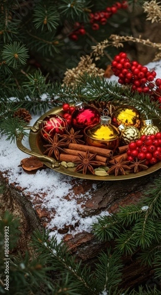 Obraz Festive christmas arrangement with ornaments and spices on a snowy wooden surface outdoors