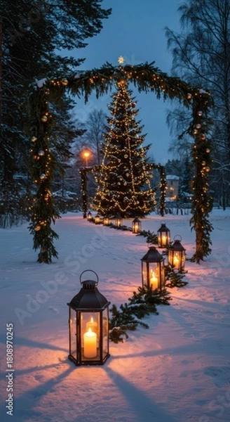 Obraz A winter scene with christmas tree lanterns and snow covered ground at dusk in a festive setting
