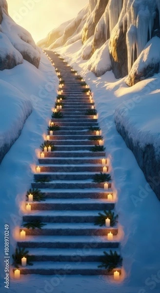 Fototapeta A long staircase covered in snow with candles on each step leading up between snowy mountains