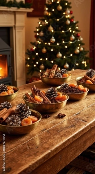 Obraz Festive bowls of cinnamon and pine cones on a wooden table with christmas tree background