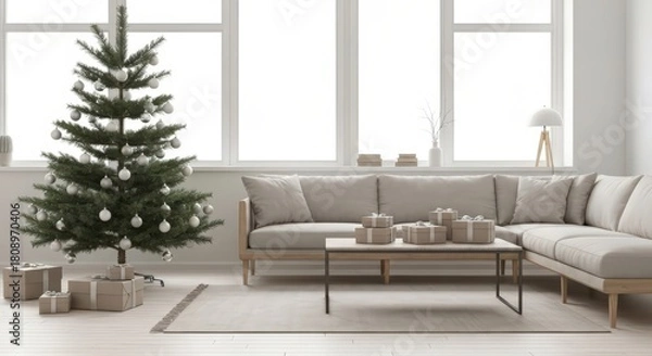 Fototapeta A christmas tree and gifts in a bright living room with a large sofa and a coffee table setup near windows