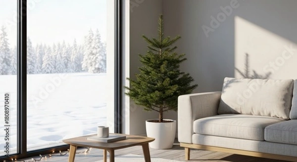 Fototapeta A bright living room with a christmas tree and snowy landscape visible through a large window pane