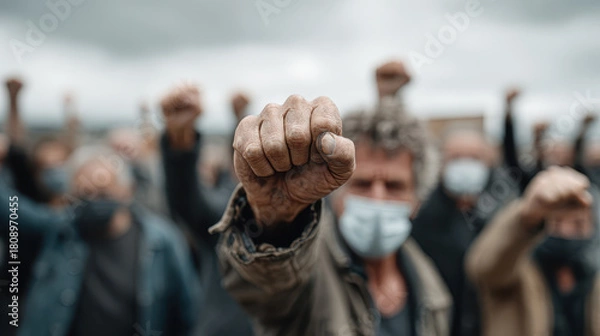Obraz Raised clenched fist in focus with group of masked protesters demonstrating outdoors under cloudy sky in background showing unity and deination for social justice and change