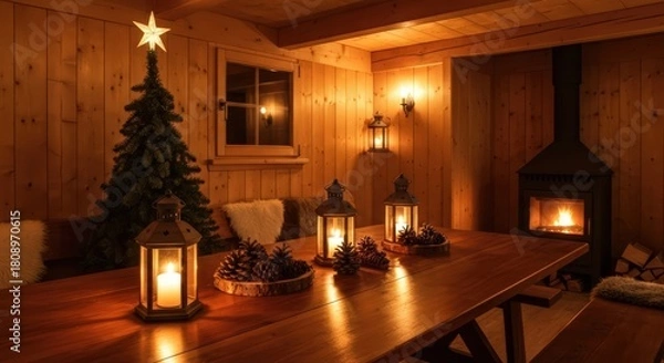 Fototapeta Festive christmas tree and fireplace in cozy wooden cabin with lanterns and pine cones on table