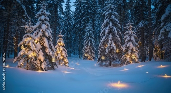 Obraz Decorated christmas trees with lights in a snow covered forest at night in winter season scene view
