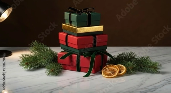 Obraz A stack of christmas presents with ribbons and dried oranges under a lamp on a marble surface
