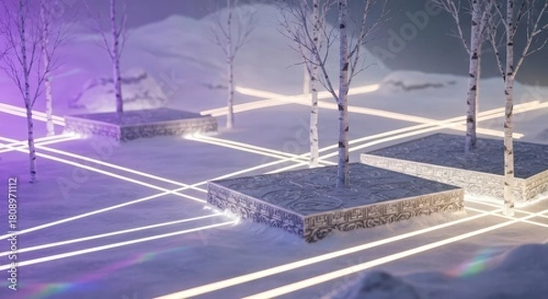 Fototapeta Illuminated birch trees on platforms in a snowy landscape with glowing lines creating a grid pattern