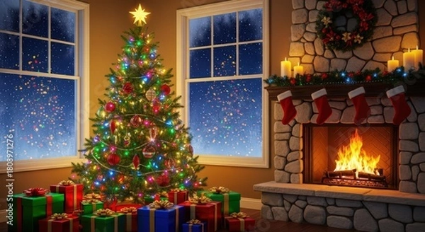 Fototapeta Festive christmas scene with decorated tree presents and a cozy fireplace creating a warm atmosphere