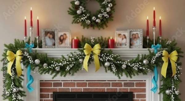 Obraz A christmas decorated mantelpiece with wreath, candles, bows, and family pictures displayed above