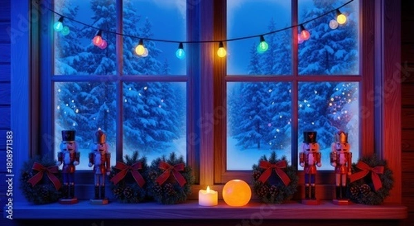 Fototapeta Festive window display with nutcrackers wreaths and string lights in a christmas scene