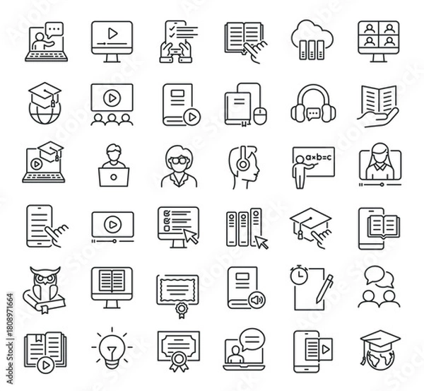 Obraz Set of collection line icons related E-Learning. Editable stroke. Perfect pixel on transparent background