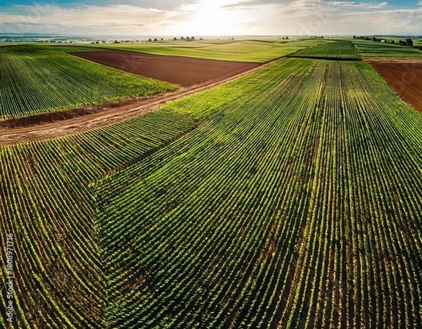 Obraz Aerial View of Agricultural Fields at Sunset: Rows of Crops, Fertile Land, and a Rural Landscape