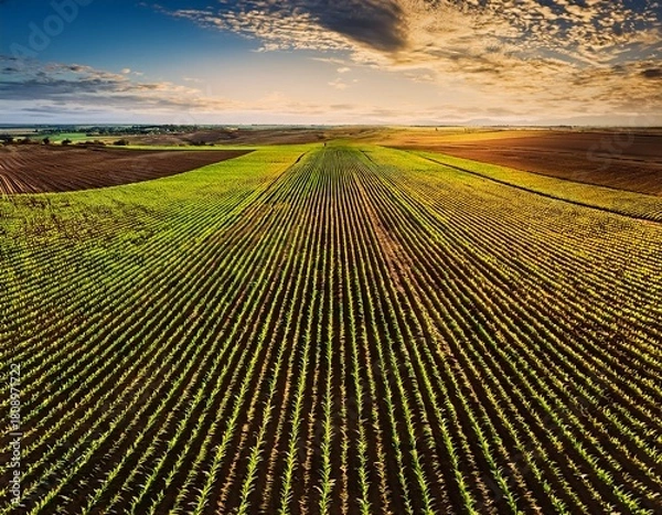Fototapeta Aerial View of Growing Corn Rows at Sunset, Agriculture Landscape under Cloudy Sky, Rural Scene in Golden Light.