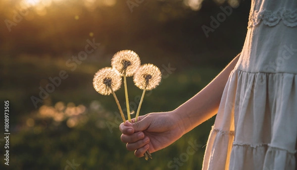 Fototapeta たんぽぽ 3 本を持つ子供の手