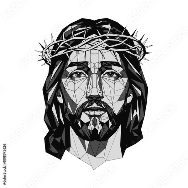 Fototapeta Low Poly Polygonal Jesus Christ Face Illustration with Crown of Thorns Vector