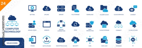 Fototapeta Computer technology icon. Including server, cloud computing, data, phone, storage, internet connection. Solid vector icon set.