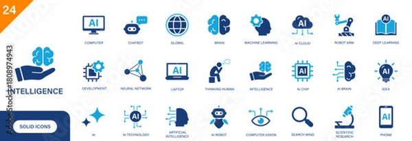 Fototapeta Intelligence icon. Including thinking human, AI, brain, digital, learning. Solid vector icon set.