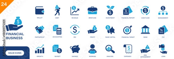 Fototapeta Financial business icon. Includes accounting, debt, financial report, budget, investment. Solid vector icon set.