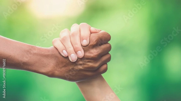 Fototapeta Diverse hands grasping each other, offering support and assistance, symbolizing unity, collaboration, and a strong bond against a vibrant green bokeh background with copy space