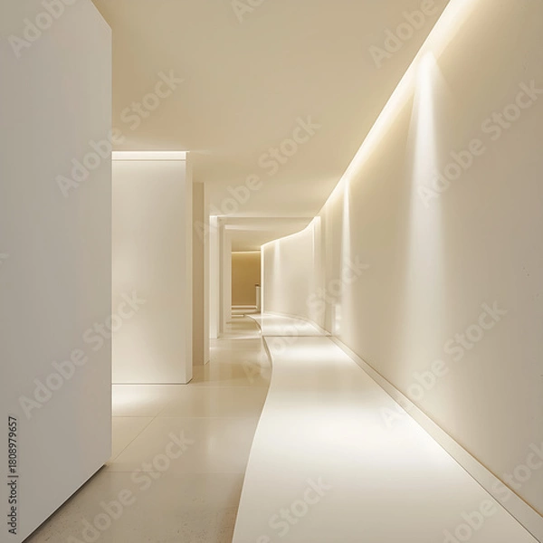 Fototapeta Abstract white architectural interior design corridors emphasize minimalism and elegance, featuring clean lines and a spacious feel that enhances light and flow. The use of white as a primary color cr