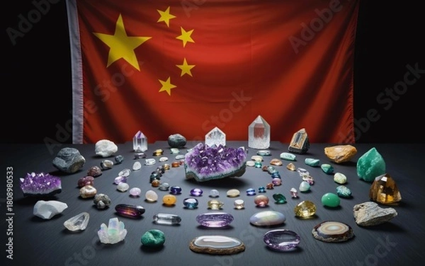 Fototapeta Rare earth minerals and gemstones displayed on table in front of Chinese flag