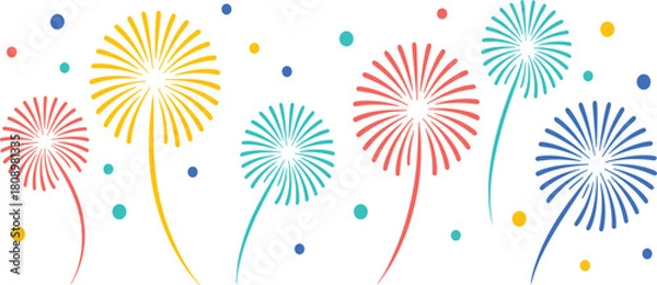 Fototapeta Colorful graphic fireworks burst on white background, party celebration, holiday event, new year explosion, isolated vector illustration